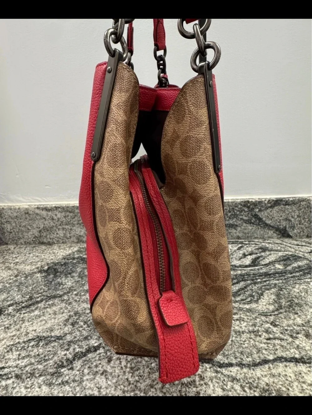 Coach Dalton 31 Red Pebbled Leather Shoulder Bag with Patterned Canvas Sides EUC
